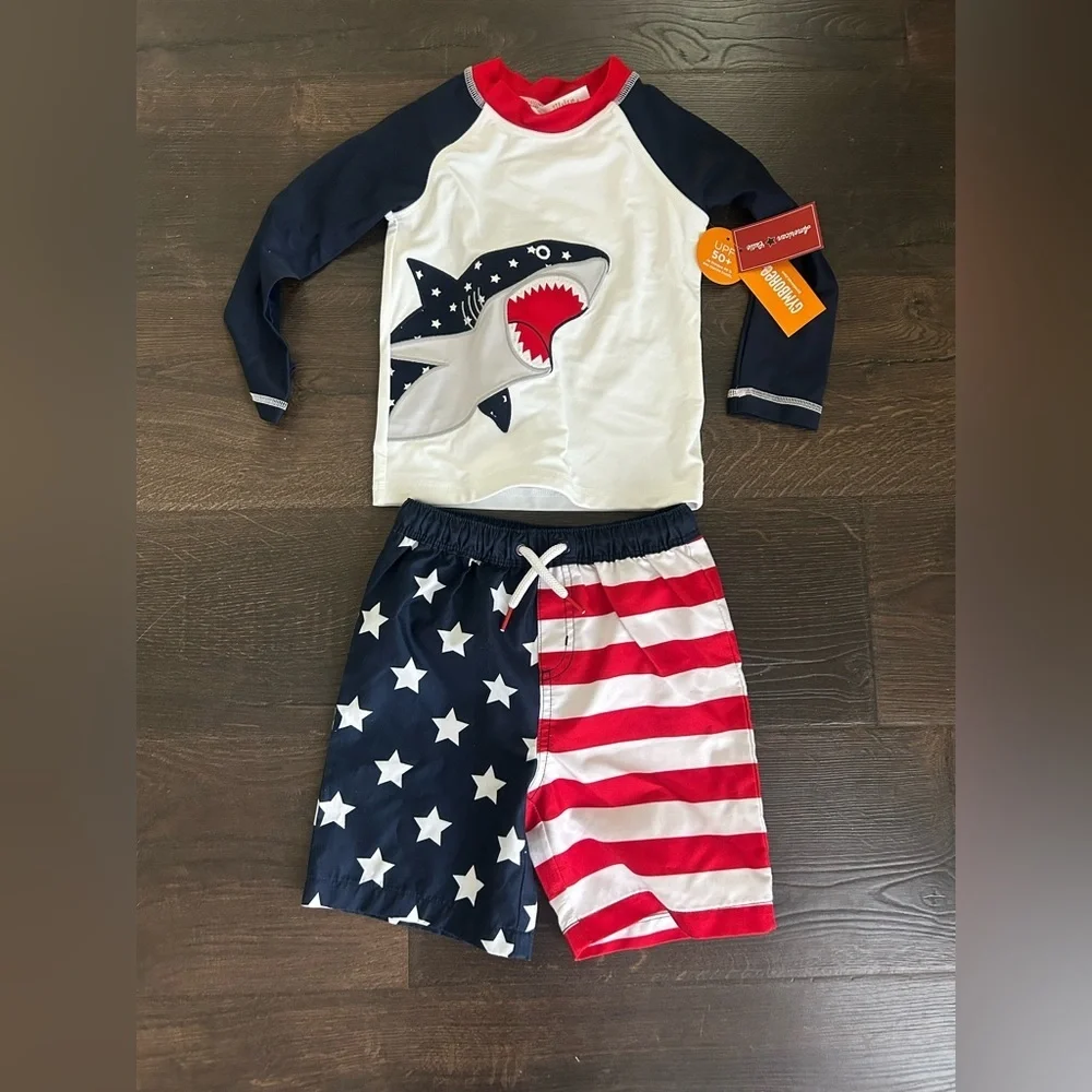 Gymboree Boys Patriotic Shark Rash Guard Set - Red White Navy